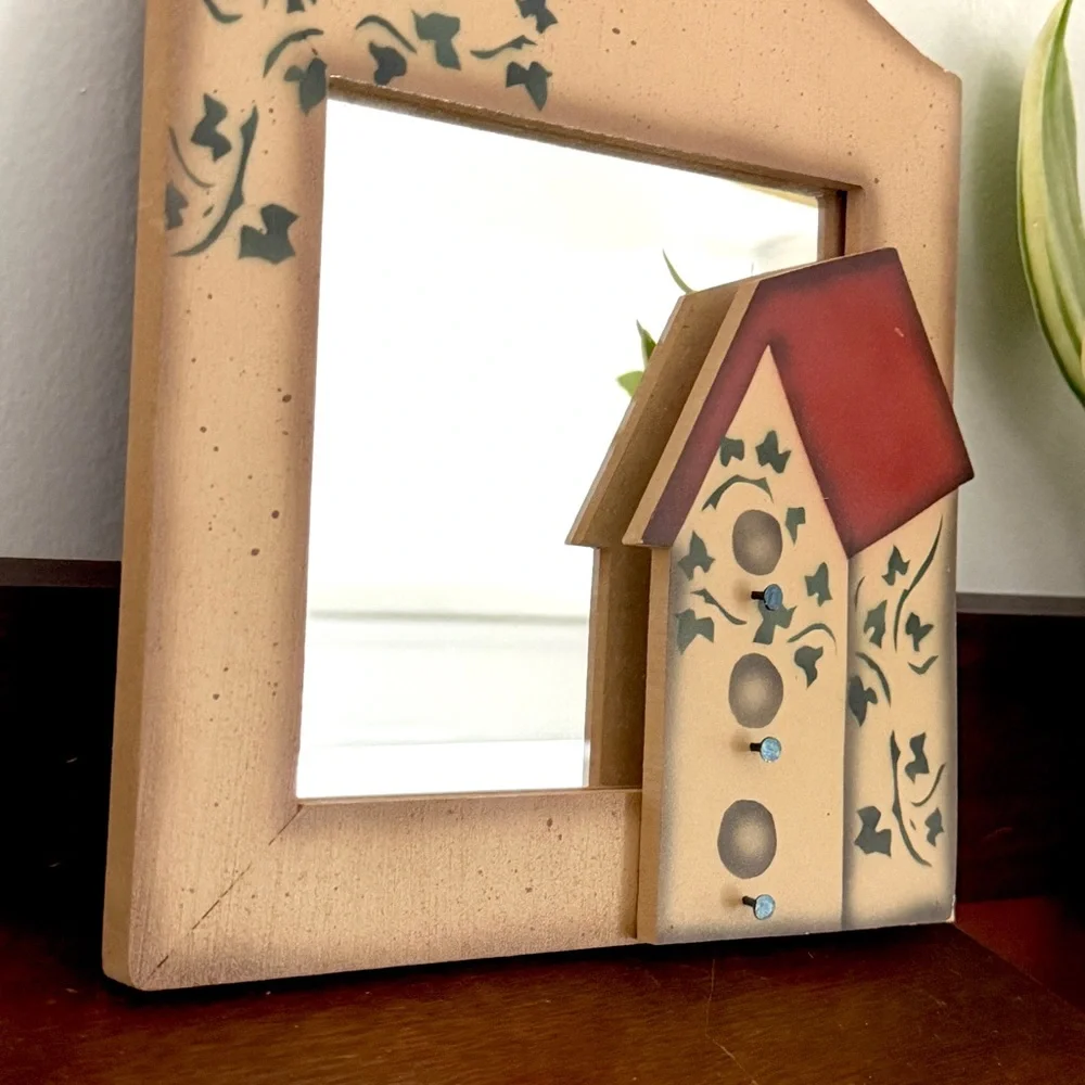 Vintage Bird House Mirror Bird Feeder Ivy Painted Wall Hanging Cottagecore Boho